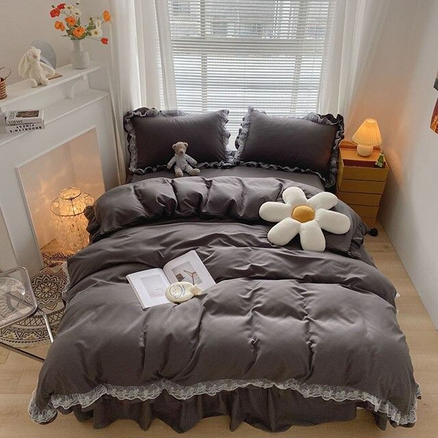 shining lace trip and ruffles soft girl aesthetic bedding set bed linens roomtery