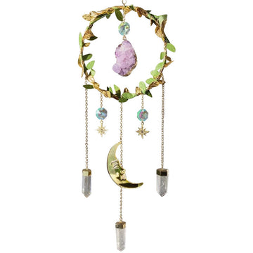 amethyst crystal suncatcher with moon and quartz pendants fairycore aesthetic light catcher roomtery