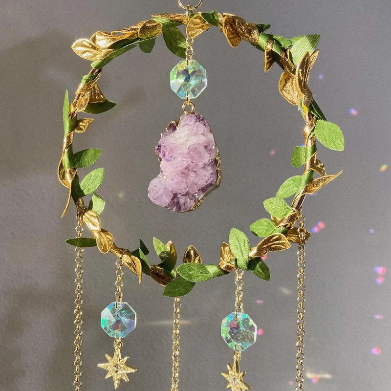 amethyst crystal suncatcher with moon and quartz pendants fairycore aesthetic light catcher roomtery