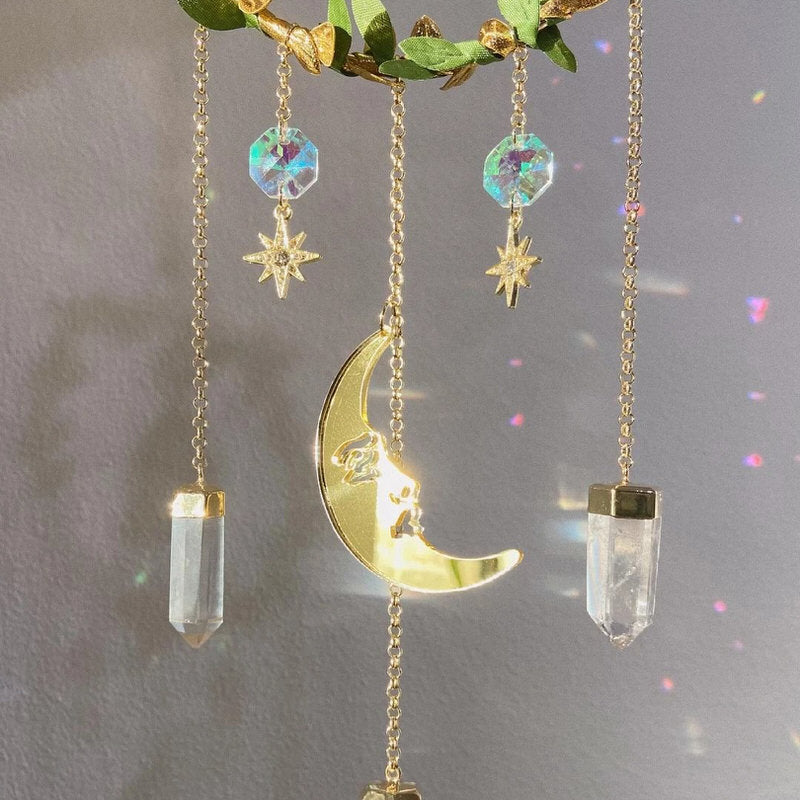 amethyst crystal suncatcher with moon and quartz pendants fairycore aesthetic light catcher roomtery
