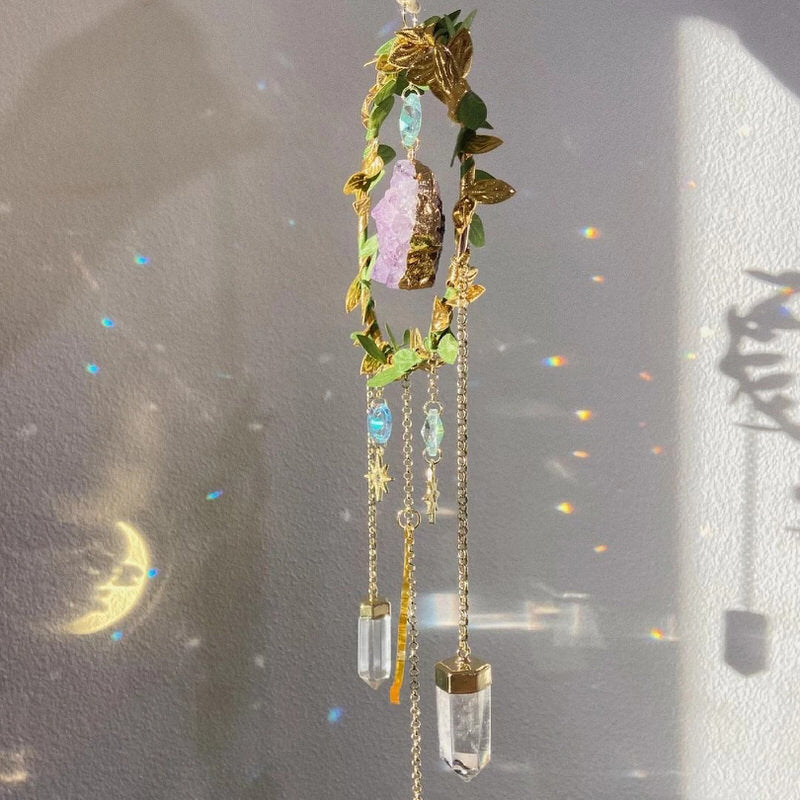 amethyst crystal suncatcher with moon and quartz pendants fairycore aesthetic light catcher roomtery