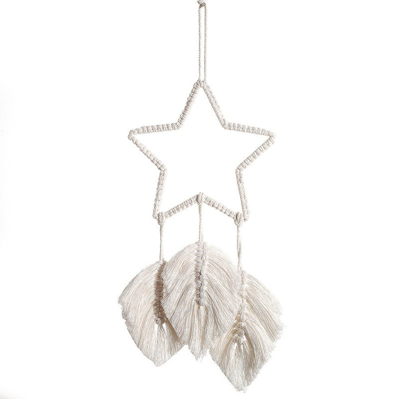 boho aesthetic macrame wall hanging dream catcher star shaped decor with decorative fringe roomtery