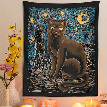 Starry Night Cat Tapestry