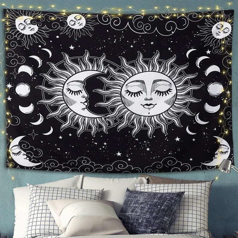 sun and moon black and white print aesthetic tapestry wall hanging decor roomtery