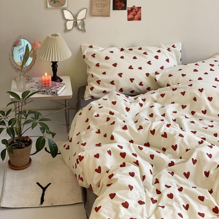 Vintage Red Hearts Bedding Set Aesthetic Bedding roomtery