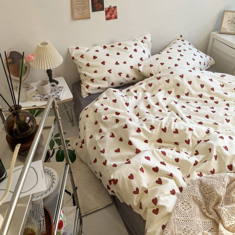 cottagecore aesthetic vintage little red hearts print bedding set roomtery