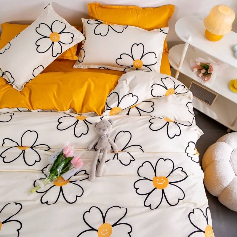 kidcore aesthetic daisy smiley white and yellow bedding duvet cover set roomtery