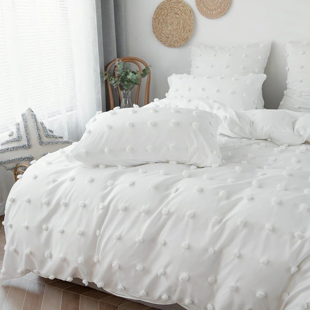 white plush tassels soft aesthetic bedroom bedding set roomtery