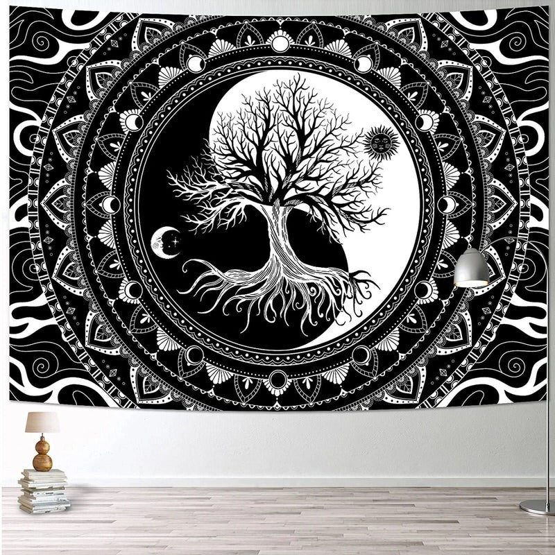 yin yang black white tree if life aesthetic wall hanging decor tapestry roomtery