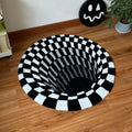black and whiite 3d effect illusion rug looking like a hole or tunnel with checkered pattern