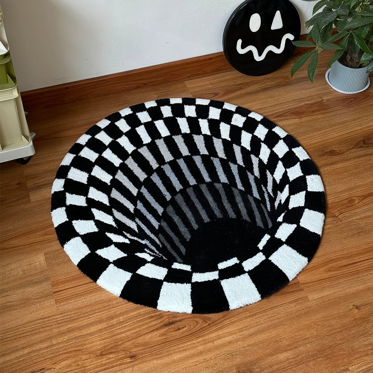 black and whiite 3d effect illusion rug looking like a hole or tunnel with checkered pattern