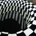 black and whiite 3d effect illusion rug looking like a hole or tunnel with checkered pattern