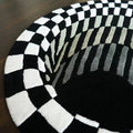 black and whiite 3d effect illusion rug looking like a hole or tunnel with checkered pattern