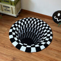 black and whiite 3d effect illusion rug looking like a hole or tunnel with checkered pattern