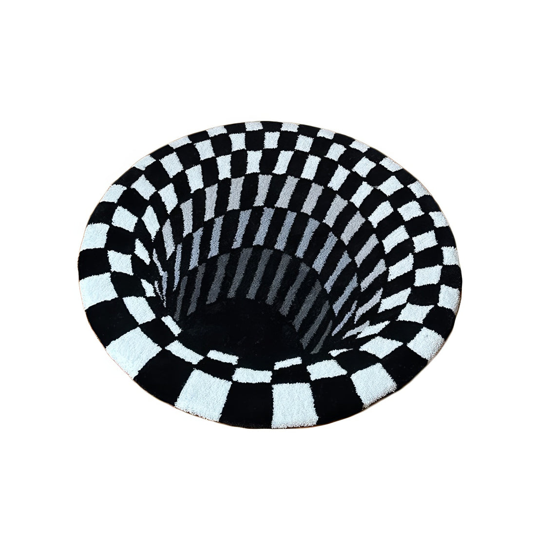 black and whiite 3d effect illusion rug looking like a hole or tunnel with checkered pattern