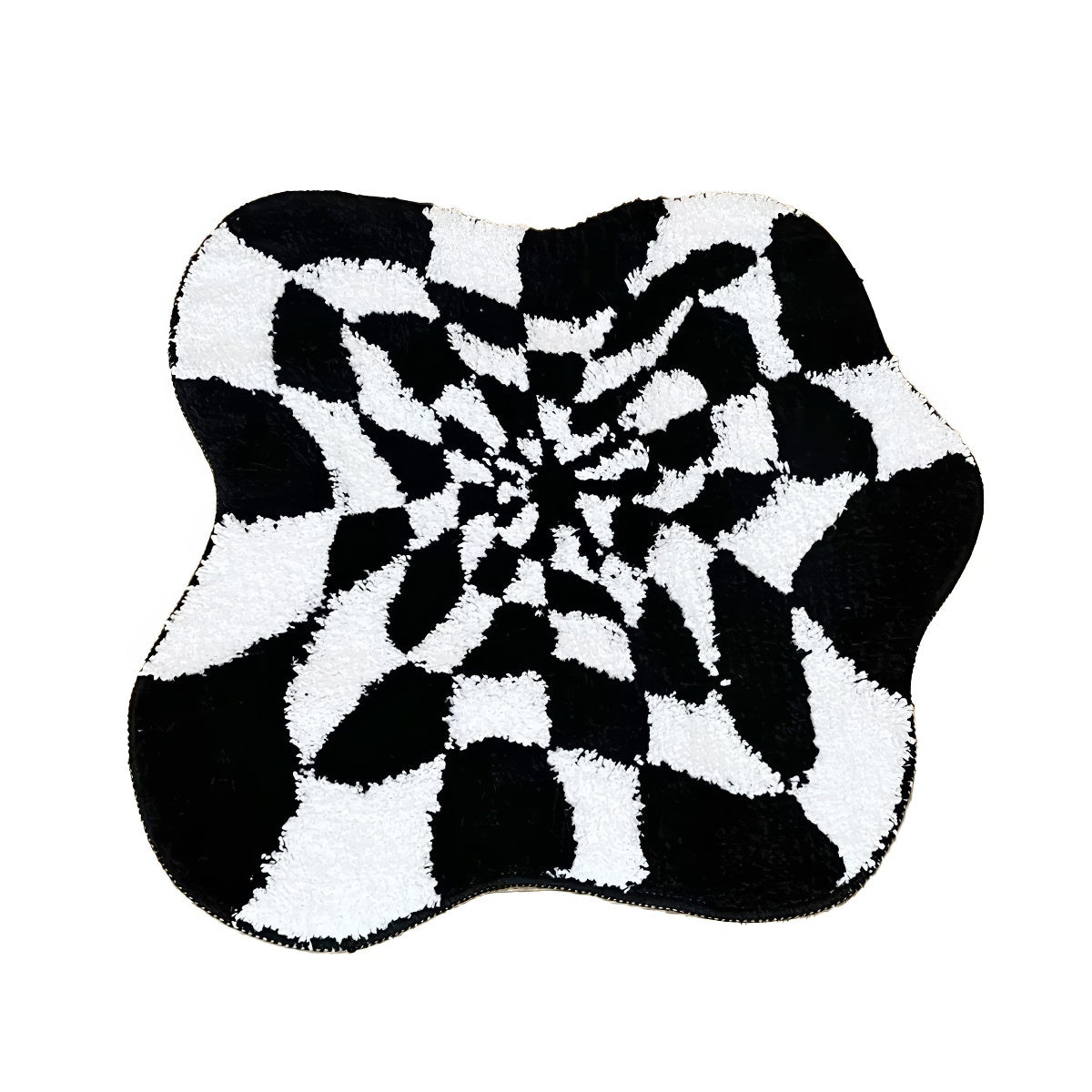 black and white checkered irregular blob 3d illusion tufted accent rug