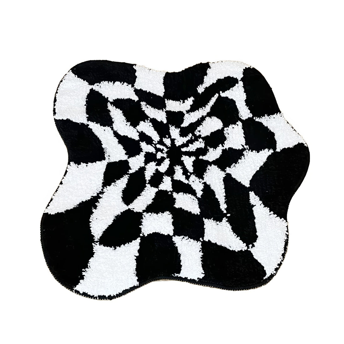 black and white checkered irregular blob 3d illusion tufted accent rug