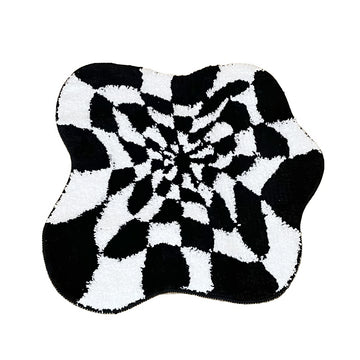 black and white checkered irregular blob 3d illusion tufted accent rug