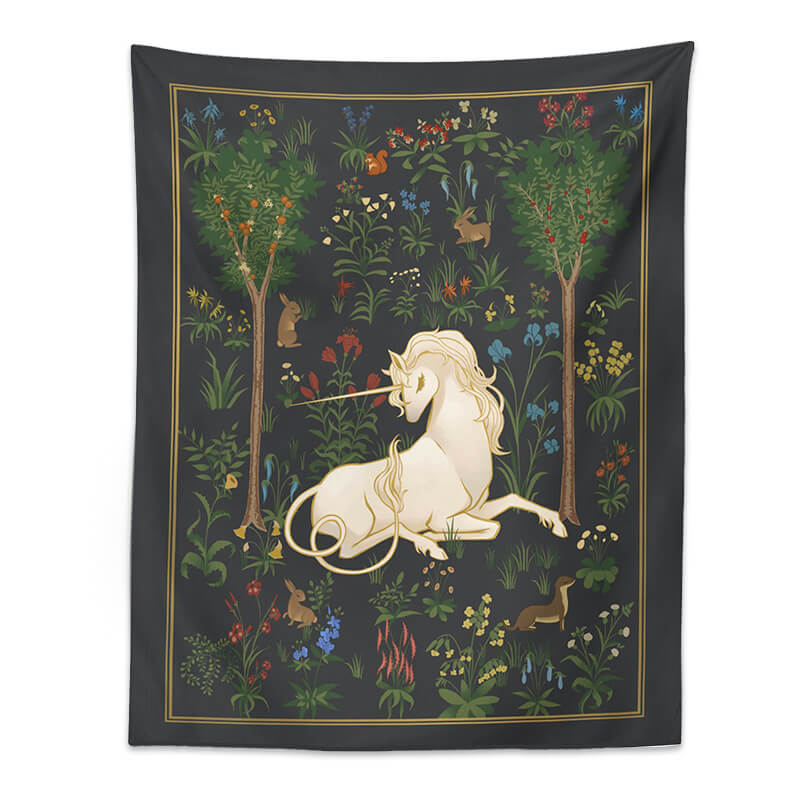 fairycore aesthetic unicorn in a forest print wall hanging tapestry roomtery