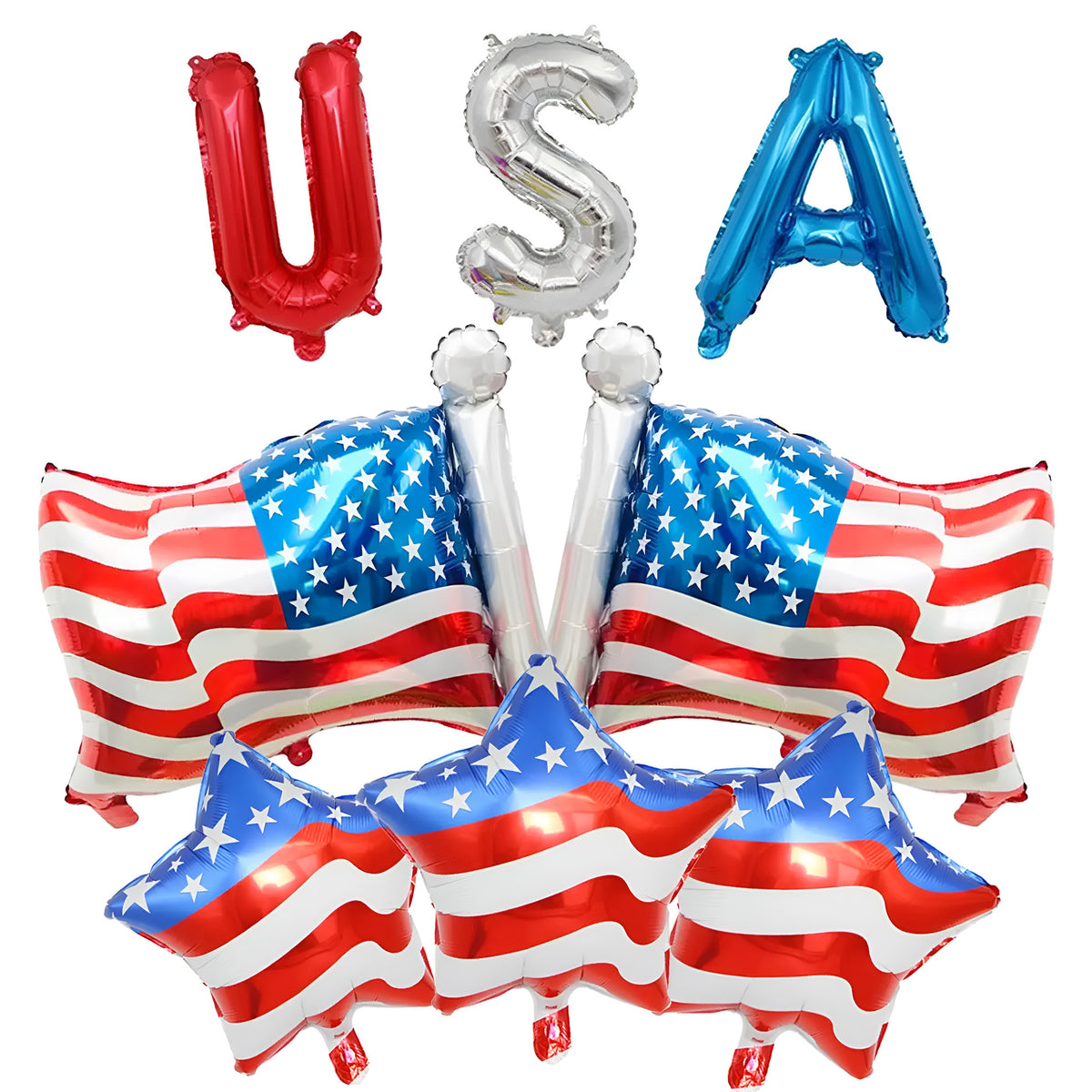 Patriotic American Flag Foil Balloons Set - USA Letters & Double Flag Set 8 pcs