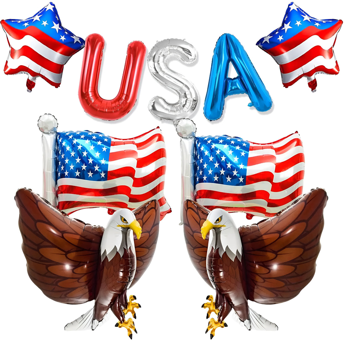 Patriotic American Flag Foil Balloons Set - Bald Eagle & USA Letters Set 8 pcs