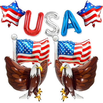 Patriotic American Flag Foil Balloons Set - Bald Eagle & USA Letters Set 8 pcs