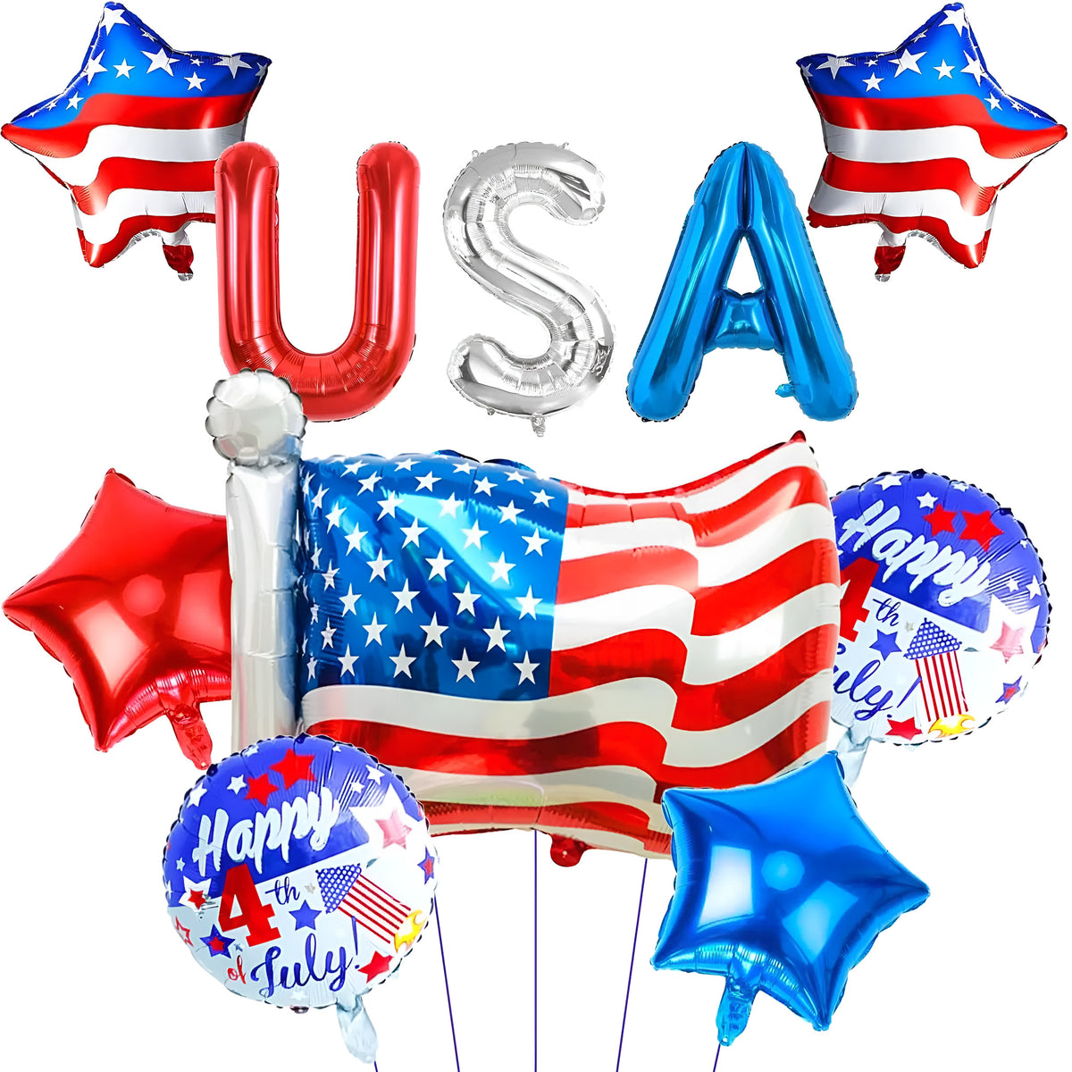 Patriotic American Flag Foil Balloons Set - Happy 4th of July Set 10 pcs