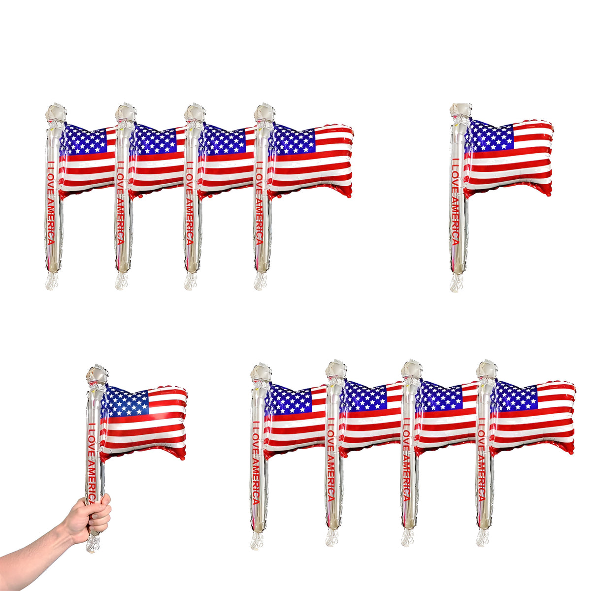 Patriotic American Flag Foil Balloons Set - Handheld Flag Balloons 10 pcs