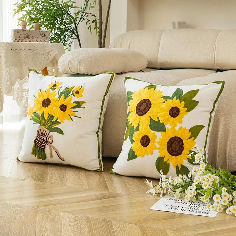 Aesthetic Sunflowers Embroidered Cushion Cover Shop Online on