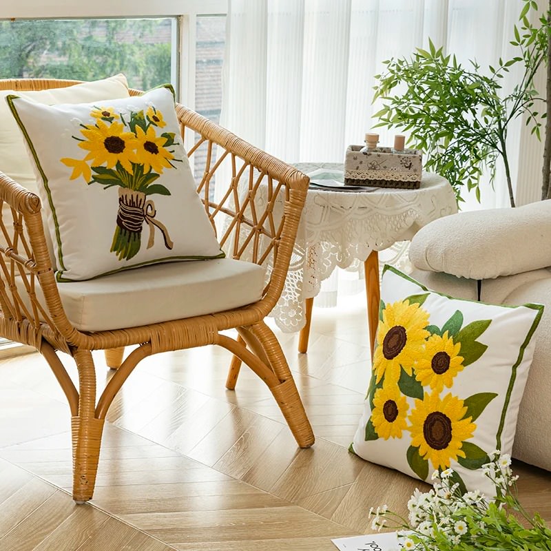 cute embroidered cushion cover with sunflowers aesthetic room decor roomtery