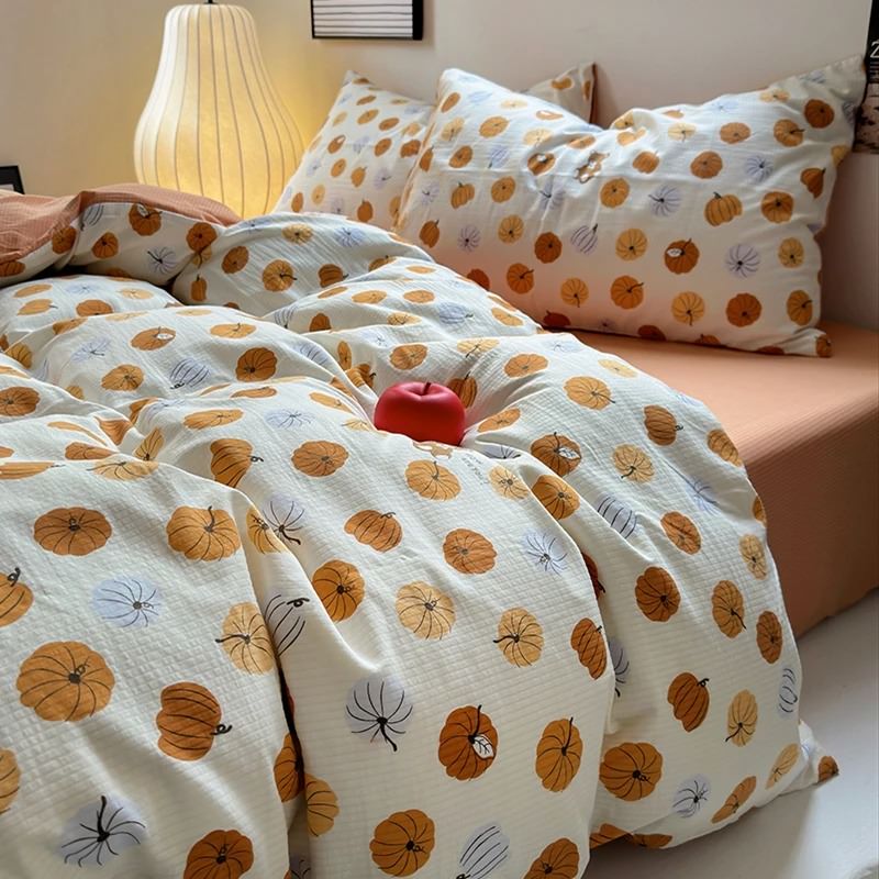 autumn orange pumpkins pattern print aesthetic bedding duvet cover set roomtery