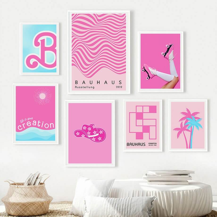 barbiecore aesthetic gallery wall art prints canvas posters in bright pink and acid blue colors 