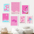 barbiecore aesthetic gallery wall art prints canvas posters in bright pink and acid blue colors 