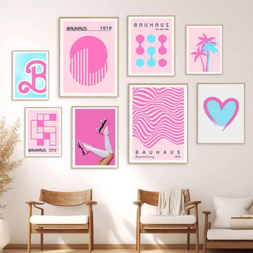 barbiecore aesthetic gallery wall art prints canvas posters in bright pink and acid blue colors 