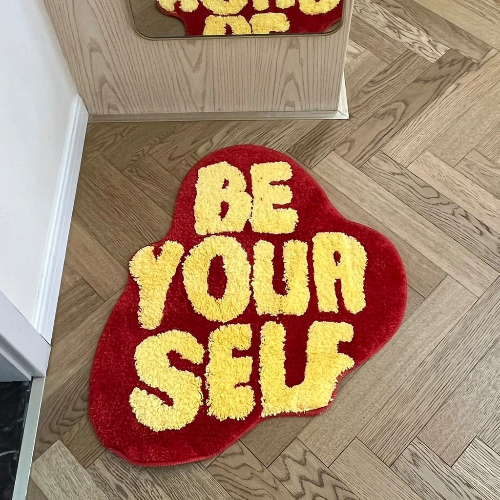 be yourself bright and colorful cute accent tufted rug with yellow title