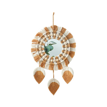 boho aesthetic beige and brown fringe wall hanging mirror roomtery room decor
