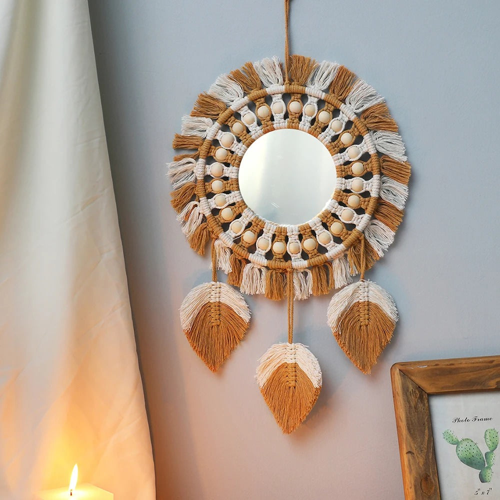 boho aesthetic beige and brown fringe wall hanging mirror roomtery room decor