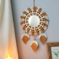 boho aesthetic beige and brown fringe wall hanging mirror roomtery room decor