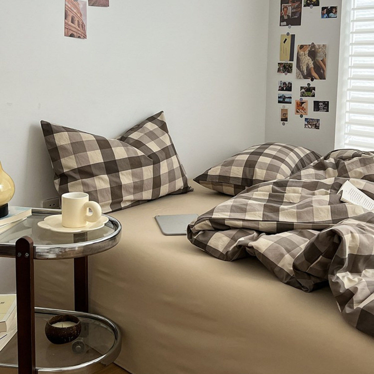 Neutral-toned gingham check bedding set in brown and beige with pillows and cozy duvet cover 