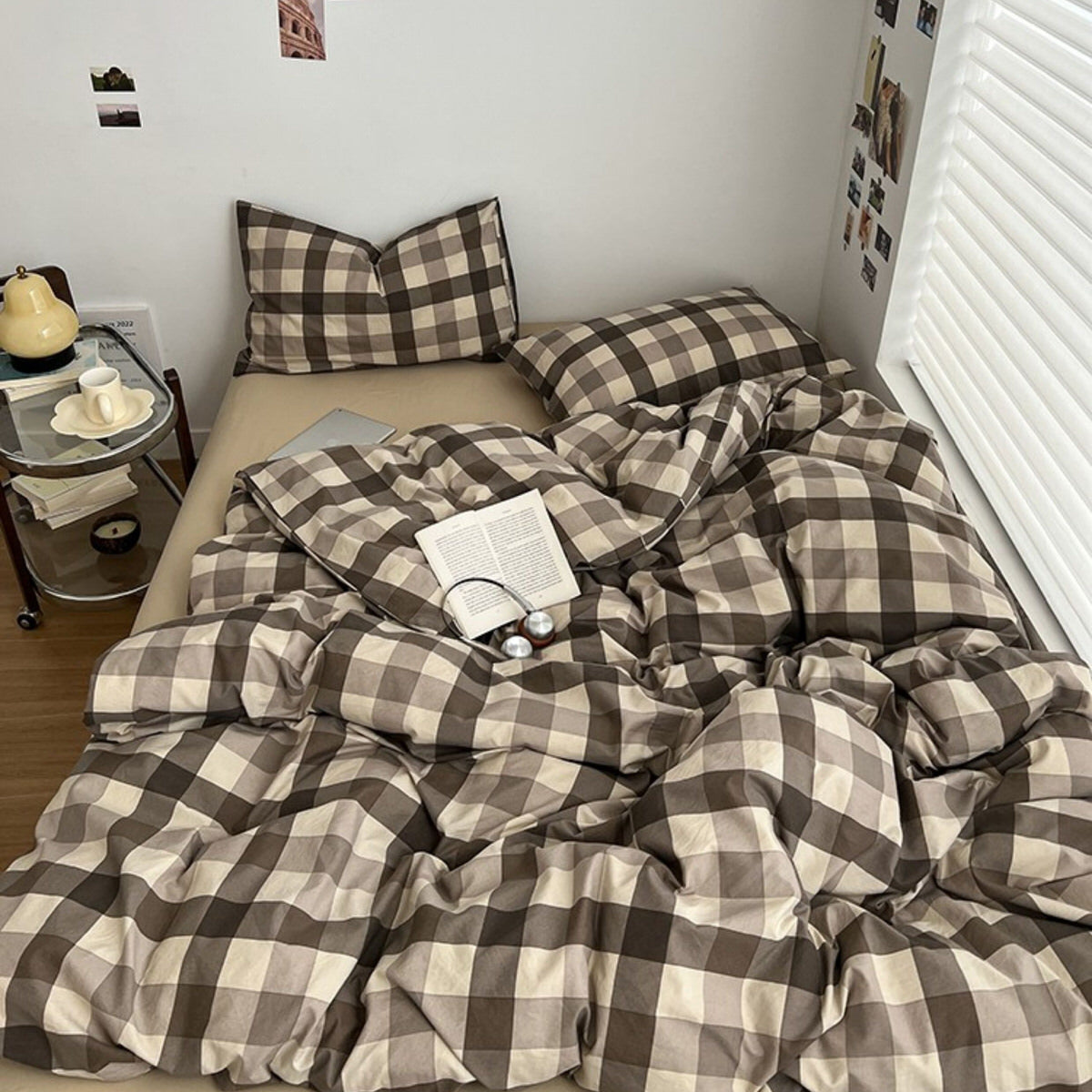 Neutral-toned gingham check bedding set in brown and beige with pillows and cozy duvet cover 
