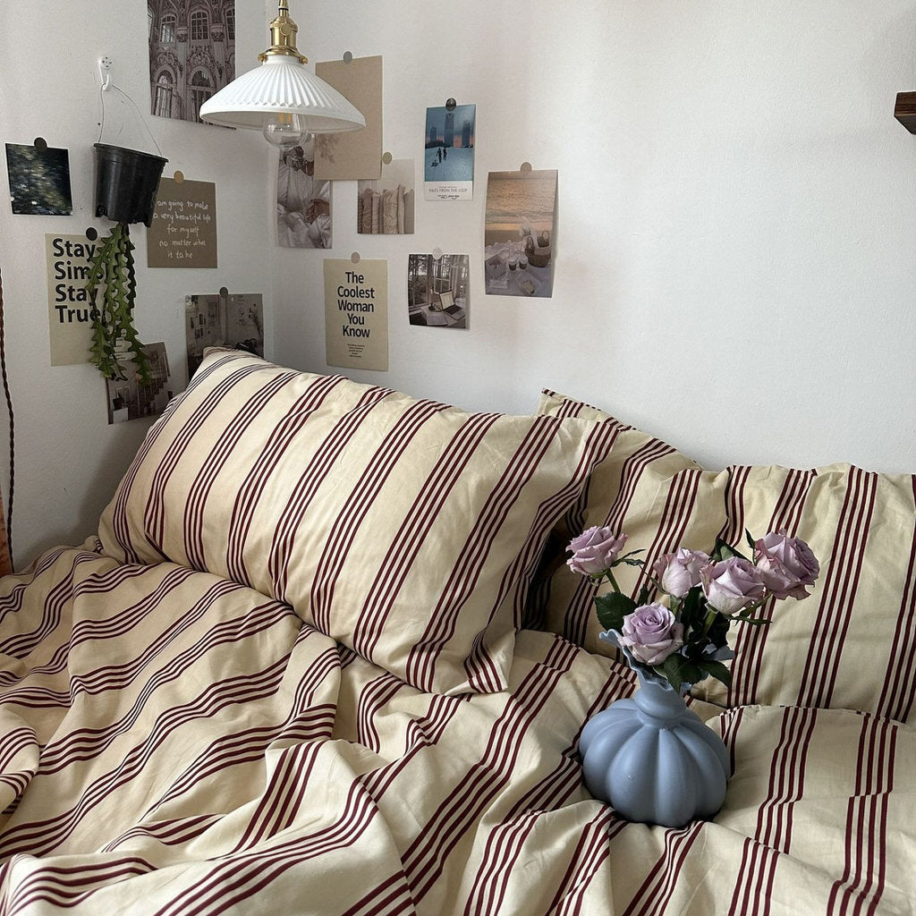 vintage beige and brown striped bedding duvet cover set