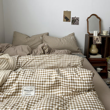 light beige gingham print aesthetic bedding duvet cover set 