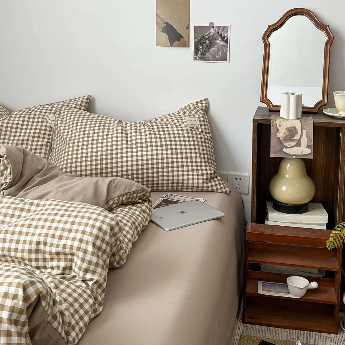light beige gingham print aesthetic bedding duvet cover set 
