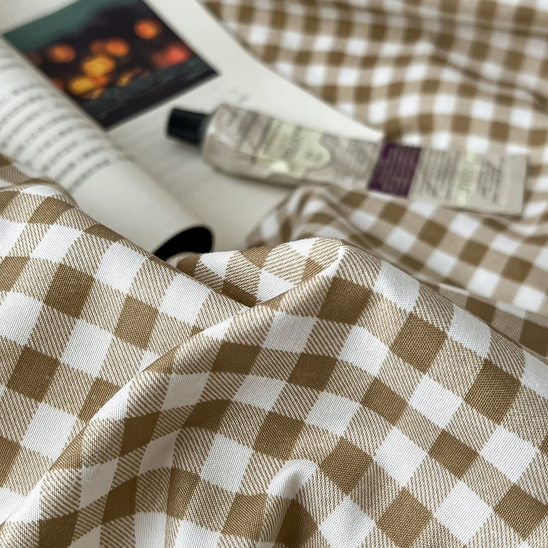 light beige gingham print aesthetic bedding duvet cover set 