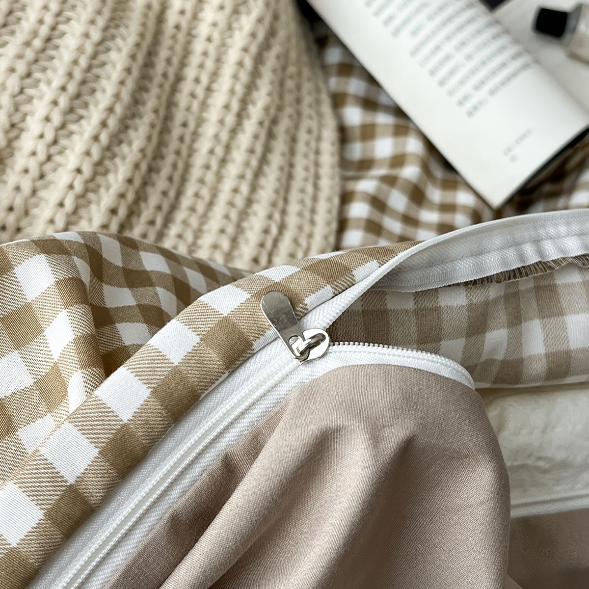 light beige gingham print aesthetic bedding duvet cover set 