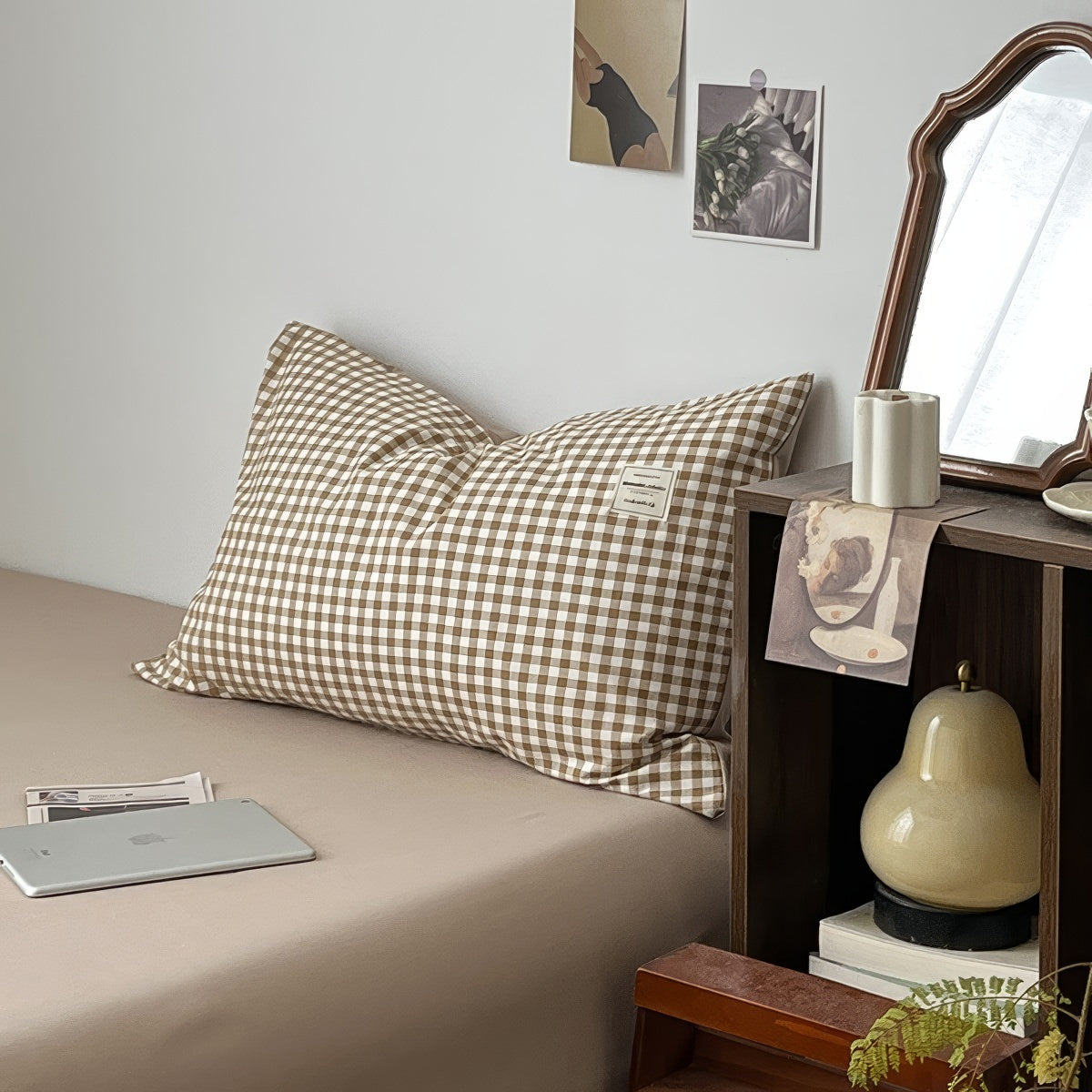 light beige gingham print aesthetic bedding duvet cover set 