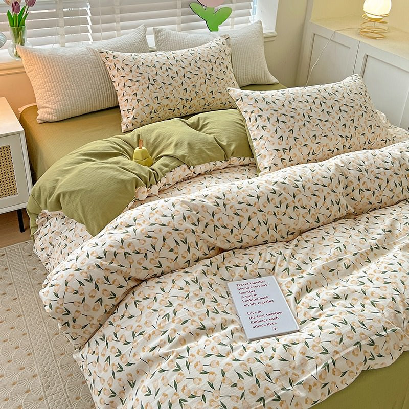 beige tulips sage green aesthetic bedding duvet cover set roomtery bedroom decor
