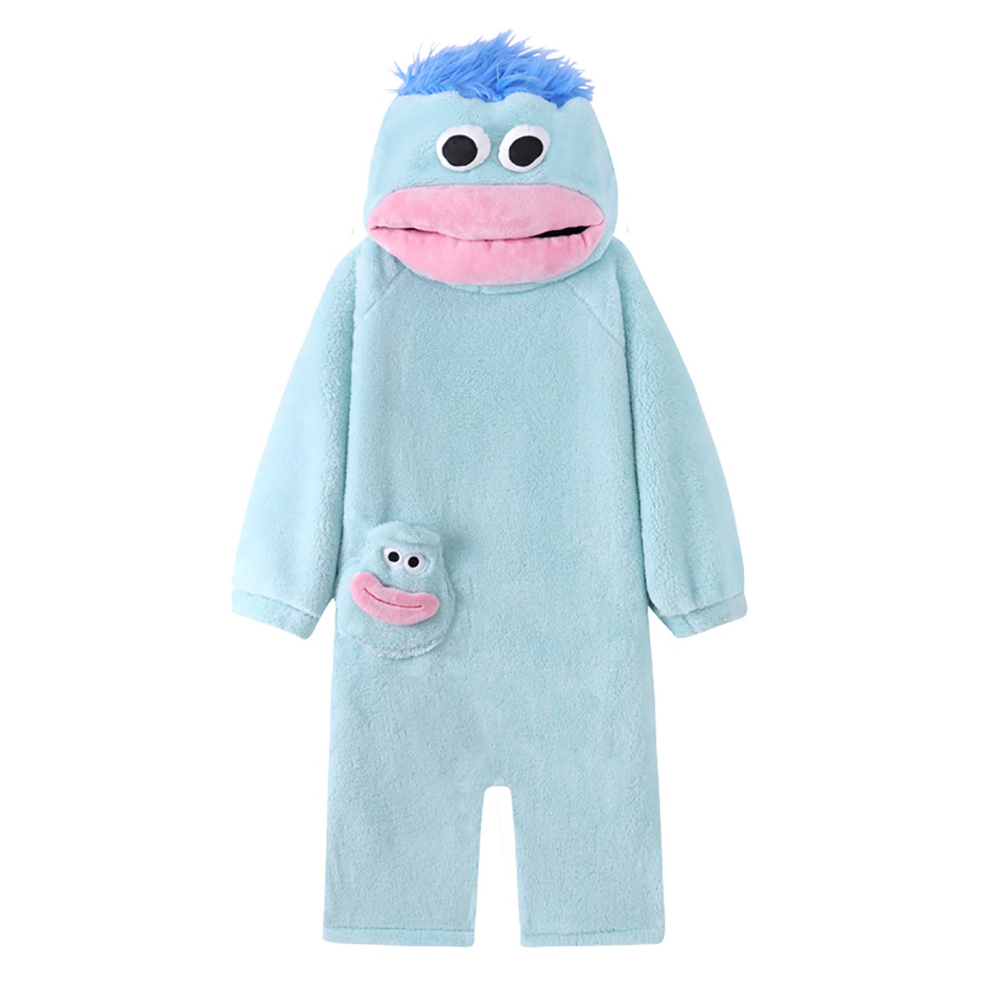 A green plush hooded one-piece pajama or costume with a frog-like face, large white eyes, a pink mouth, and a small matching frog patch on the chest