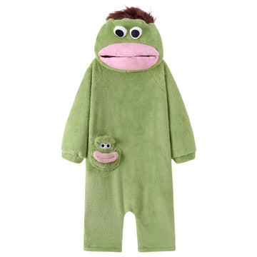 A green plush hooded one-piece pajama or costume with a frog-like face, large white eyes, a pink mouth, and a small matching frog patch on the chest