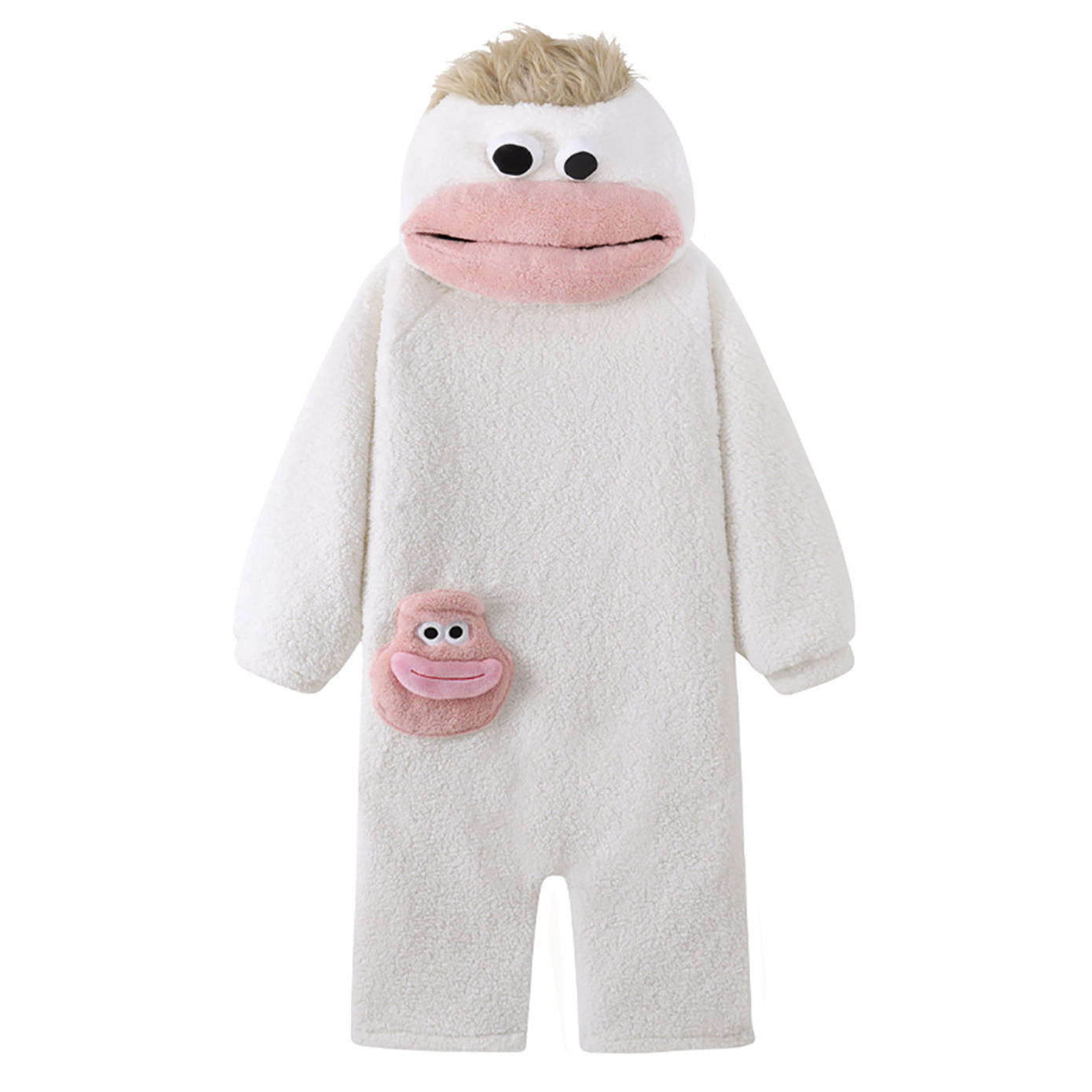 A green plush hooded one-piece pajama or costume with a frog-like face, large white eyes, a pink mouth, and a small matching frog patch on the chest